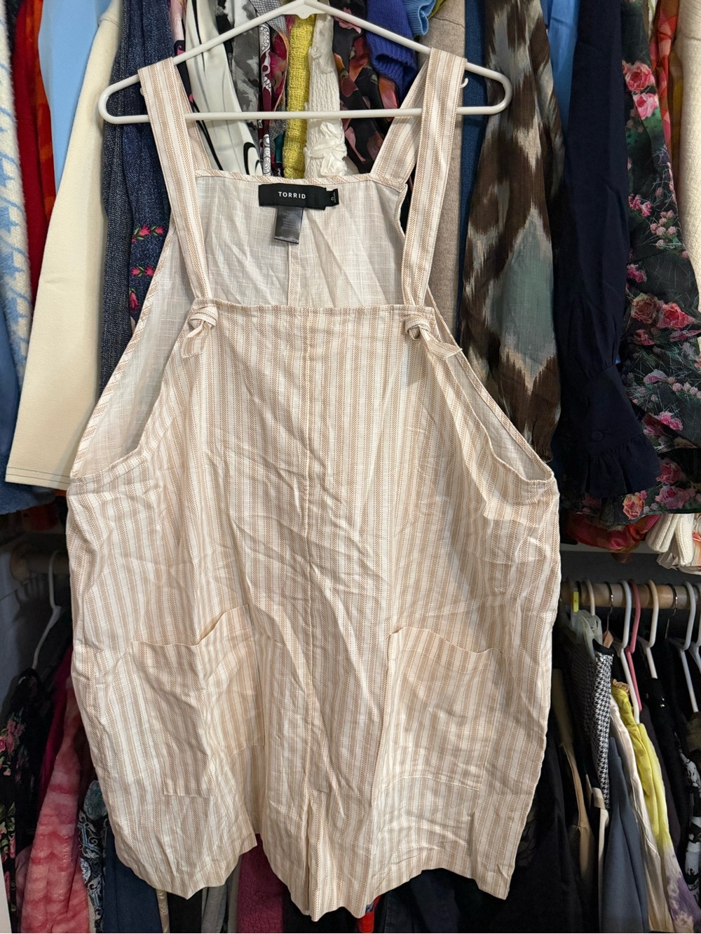 torrid cream & pink striped cotton overall romper 0